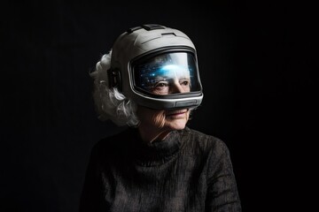 Senior woman wearing a futuristic helmet, immersing herself in virtual reality and navigating the expansive metaverse world