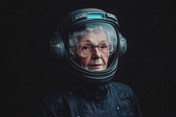 Portrait of a senior woman wearing space suit and helmet, looking towards the future of space exploration
