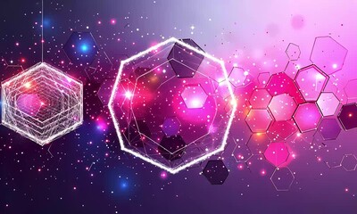 Futuristic Digital Animation of a Glowing Hexagonal Network in a Cosmic Particle Universe. - Powered by Adobe