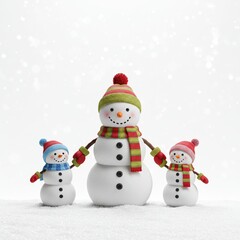 Obraz premium Snowman Family Holding Hands in Colorful Winter Hats and Scarves, Cute Festive Christmas Scene on Snowy Background
