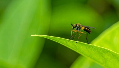 A detailed close-up shot of a fly with black and yellow stripes resting on a vibrant green leaf, showcasing the intricate details of the insect and the leaf's texture.