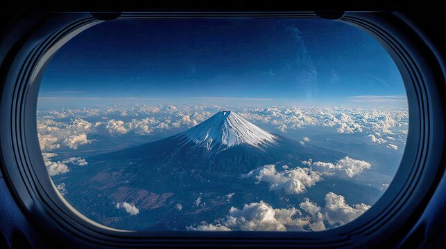 High-altitude view of a snow-capped mountain peak through an airplane window. - Powered by Adobe
