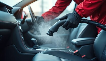 Pro auto upholstery steam cleaning in car interior. Technician in gloves uses steam cleaner on leather seats for deep sanitizing, maintenance. Service ensures fresh, immaculate vehicle hygiene with