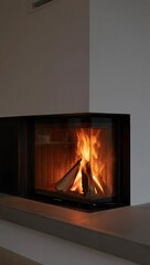 Fototapeta premium Modern Corner Fireplace with Lively Flames and Wood Logs