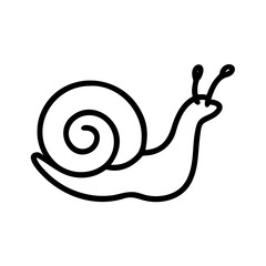 Simple graphic depiction of a snail with a spiral shell and antennae in black outline style design