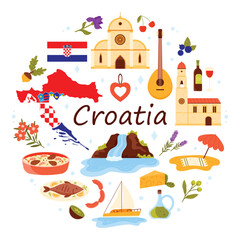 Obraz premium Travel to Croatia set, culture elements and famous landmarks of nature and architecture in round infographic poster with title. Flag and map of country, beach paradise cartoon vector illustration