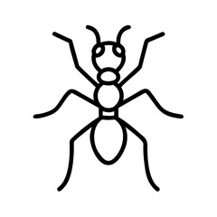 Simple graphic representation of an ant with visible antennae and six legs in black outline style