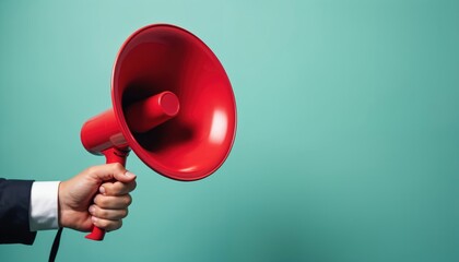 Man in suit holding red megaphone on teal background. Communication tool for making announcements, spreading messages, public speaking, and conveying important information effectively.