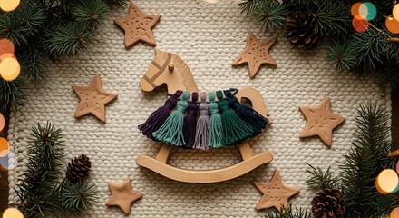 Christmas Wooden Rocking Horse with Star Cookies and Pine Cones, Festive Holiday Flat Lay Decoration