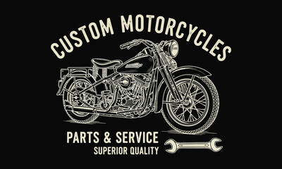 Vintage custom motorcycle illustration with bold “CUSTOM MOTORCYCLES” text, wrench icon, and “PARTS & SERVICE” and “SUPERIOR QUALITY” labels for automotive branding