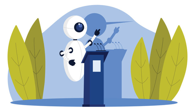 Fake news, misinformation of artificial intelligence, awareness of need for critical analysis of AI information. Robot liar with long nose of Pinocchio speaking from podium cartoon vector illustration
