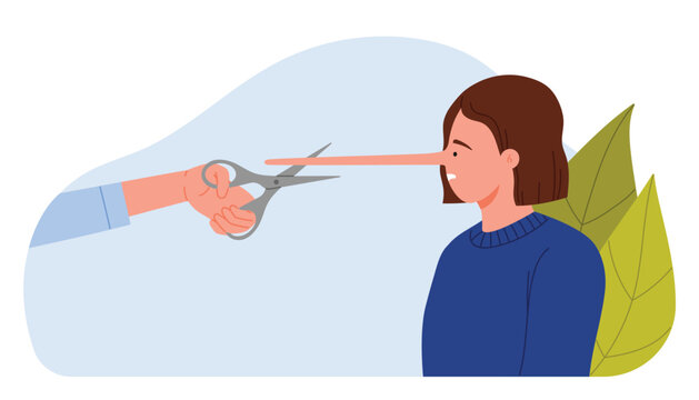 Convict liar of lie and dishonesty, find truth and cheating in communication, hypocrisy. Hand cutting off Pinocchio funny long nose with scissors from lying cheater woman cartoon vector illustration