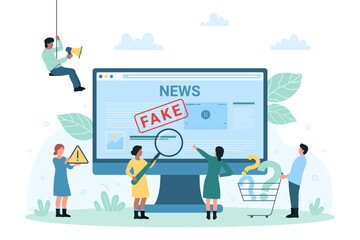 Fake news, false misleading information spreading online vector illustration. Cartoon tiny people with magnifying glass verify hoax, disinformation at website or social media on computer screen