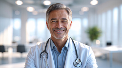 A friendly and experienced doctor smiles confidently in his modern office setting.