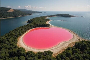 Aerial view of a vibrant pink lake surrounded by lush green forest