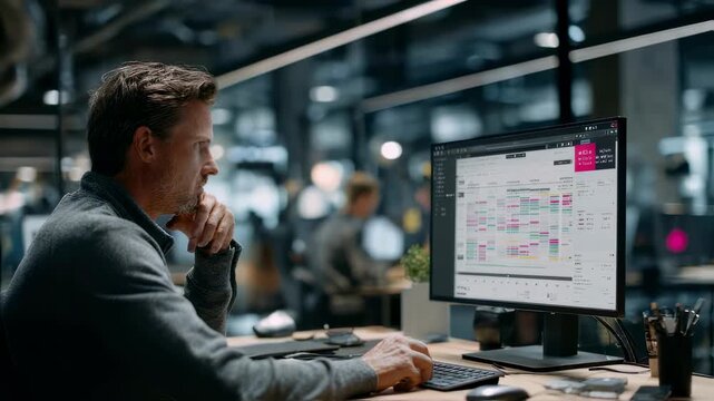 Medium shot highlighting an attentive developer reviewing shoppable video timeline for SKU hotspot placement with the focused figure contrasting against blurred office environment.
