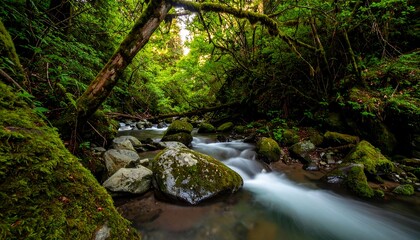 A tranquil woodland stream, flowing gently over mossy rocks, bathed in the dappled light of a lush forest.
