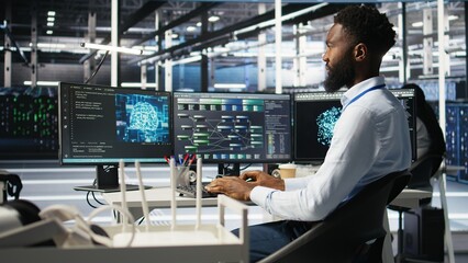 Server hub admin using AI neural network node tree program to optimize system health. Data center...