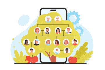 Obraz premium Family tree mobile app, genealogy template vector illustration. Cartoon apple green tree with branches and portraits of four generations of relatives in infographic history chart on phone screen