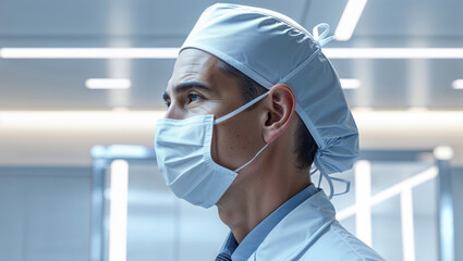 Fototapeta premium A medical professional wearing a mask and cap looks on in a modern hospital setting.
