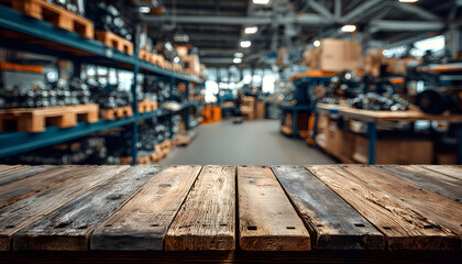 Wooden counter foreground with blurred auto parts shop interior background. Shelving units with automotive components, tools, boxes create industrial warehouse atmosphere. Offers clean space for