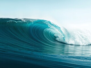 A large turquoise ocean wave curling and breaking against a clear light blue sky background