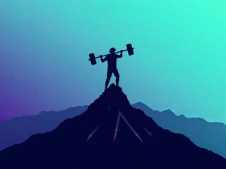 Silhouette of a person lifting a barbell on top of a mountain against a gradient background