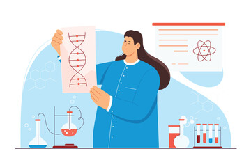 DNA laboratory research of female scientist vector illustration. Cartoon woman holding DNA helix model of sequencing genes, genetic analysis and lab experiment for innovation science development