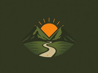 Illustration of a winding road leading to mountains with a rising sun in the background