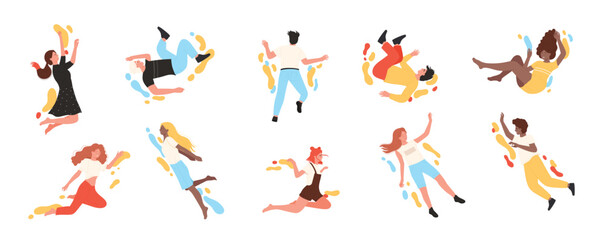 People fly and jump set vector illustration. Cartoon happy young person flying, excited female and male characters floating in sky with energy, creative energetic fantasy falling of woman and man