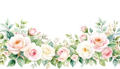 A horizontal arrangement of delicate pastel roses and greenery, with soft watercolor-like textures and a romantic ambiance.