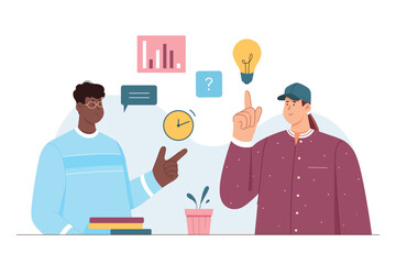 Two colleagues brainstorming together with speech bubbles, charts, clock, and light bulb icons, symbolizing teamwork, productivity, planning, and innovative business problem solving vector