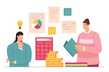 Work of financial analysts vector illustration. Cartoon female advisors research data and report, graph of statistics on digital dashboard, people planning company development and finance strategy