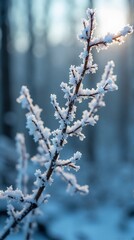 Obraz premium Close-up of a small branch covered in frost, with a blurred forest background and sunlight shining through.