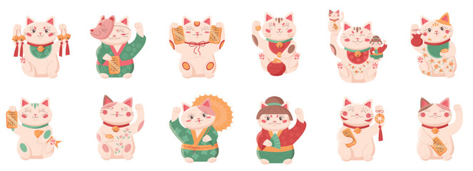 Japanese lucky cats set vector illustration. Cartoon cute Maneki Neko characters from Japan collection, Asian kawaii kitty waving paw, holding toy symbols of fortune, wellbeing and prosperity