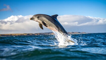 Obraz premium A magnificent dolphin leaps gracefully out of the vibrant blue ocean, showcasing its agility and power against a backdrop of fluffy clouds and a serene coastal line.