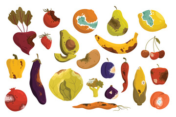 Rotten vegetables and fruit set vector illustration. Cartoon bad unhealthy products from kitchen litter and waste bin, collection of moldy expired food ingredients with brown skin, rot and mold