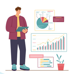Business analytics, audit and accounting vector illustration. Cartoon man holding tablet to research result of infographic data charts and surveys, global control and financial analysis by businessman