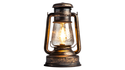 Antique brass oil lantern with glowing bulb isolated on a transparent background