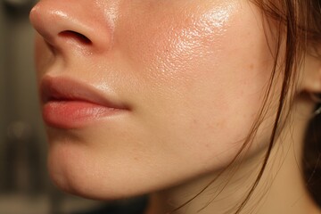 Fototapeta premium Close-up of a youthful face with glowing, dewy, hydrated skin texture.