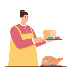 Woman with plate cooking, serving food vector illustration. Cartoon female chef of restaurant or girl waitress holding tray with hot dish to serve dinner or lunch, catering service staff in apron