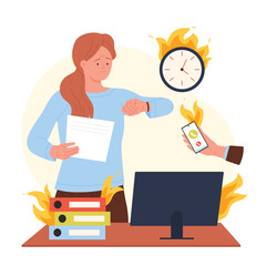 Corporate employee stress due to deadline vector illustration. Cartoon woman looking at wrist watch, standing at office computer desk with flame on folder, hand giving burning phone with business call