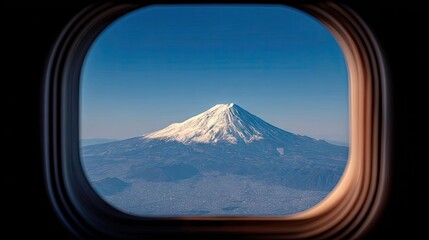 Snowy mountain peak seen through an airplane window.