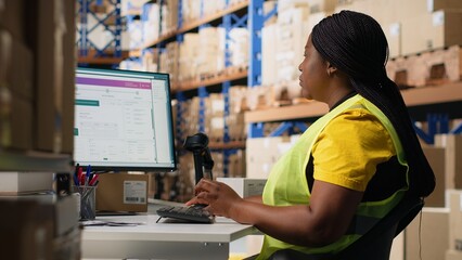 Warehouse supply and demand operations for package tracking, checking shipment details for fast...