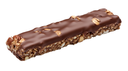 Chocolate covered granola bar with nuts isolated on a transparent background
