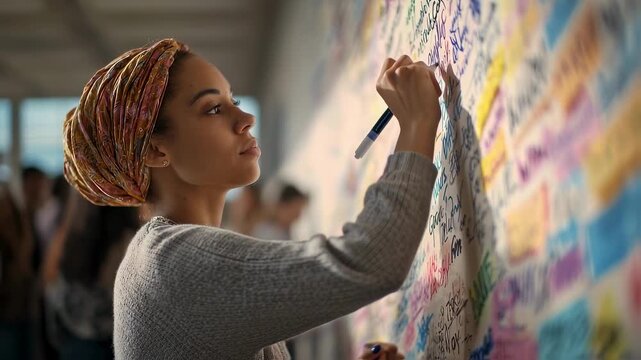 Young woman wearing a headscarf is adding her signature to a wall covered in colorful notes and signatures, contributing to a collective message or commemoration
