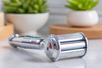 Shiny chrome pasta cutter attachment for homemade culinary dishes.