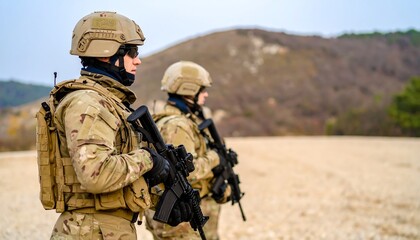 Two soldiers in camouflage uniforms stand at attention on a dry, open terrain, ready for action.