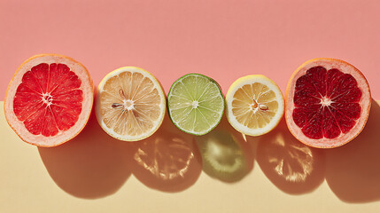 Fresh citrus fruit halves grapefruit lemon and lime slices vibrant color summer vibe