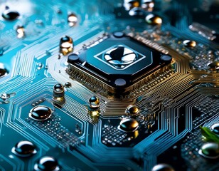 Fototapeta premium close up of a circuit board with water droplets showcasing intricate electronic components and modern technology
